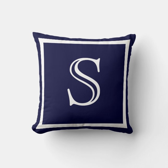 Elegant Solid Navy Blue White Monogrammed Throw Pillow (Front)