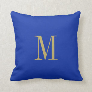 Elegant Solid Royal Blue with Gold Monogram Throw Pillow