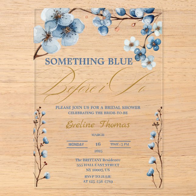 Elegant Something Blue Before I Do Bridal Shower  Acrylic Invitations (Front)