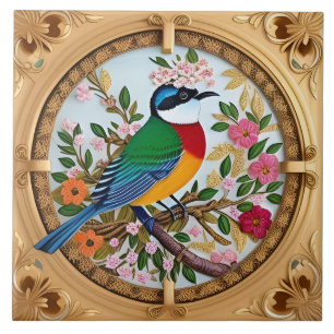 Elegant Songbird Perched on Floral Branch Tile