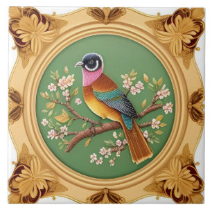 Elegant Songbird Perched on Floral Branch Tile