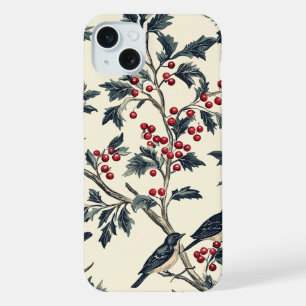 Elegant Songbird Winter Holly Cream Red Pattern iPhone 15 Plus Case