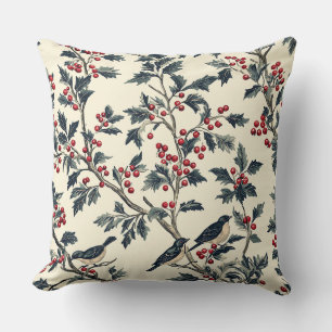 Elegant Songbird Winter Holly Cream Red Pattern Throw Pillow