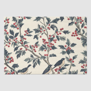 Elegant Songbird Winter Holly Cream Red Pattern Tissue Paper