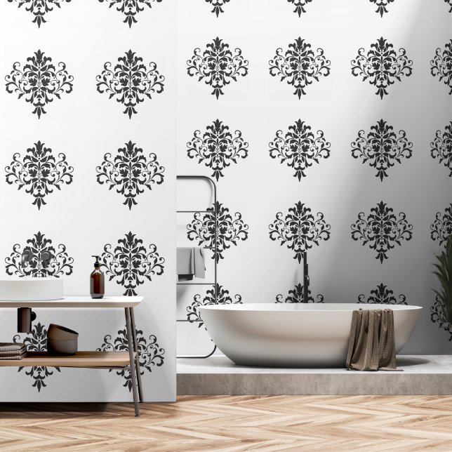 Elegant, Sophisticated Black and White Damask Wallpaper (Bathroom)