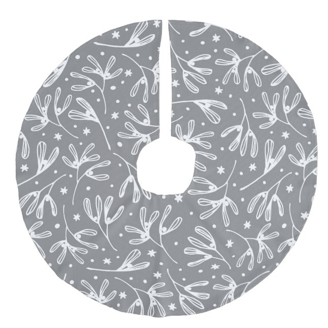 Elegant Sophisticated Grey White MIstletoe Pattern Faux Linen Tree Skirt (Front)