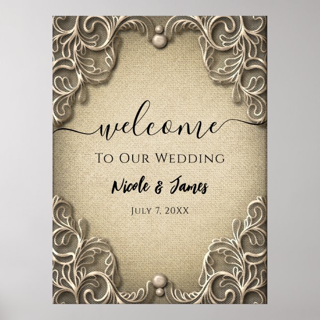 Elegant Southern Charm Rustic Burlap Lace Wedding Poster (Front)
