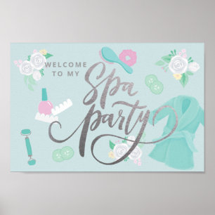 Elegant Spa Party custom sign in blue/faux silver