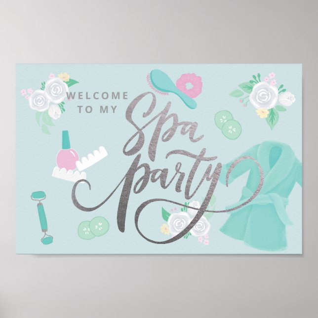 Elegant Spa Party custom sign in blue/faux silver (Front)