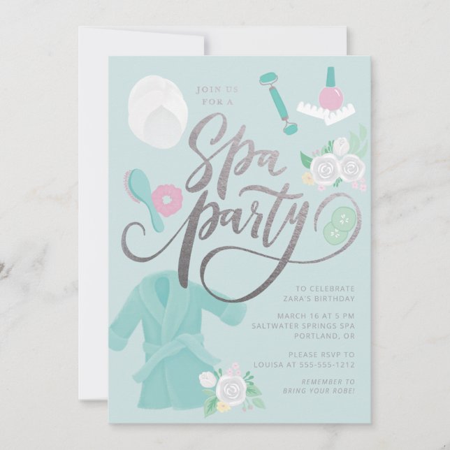 Élégant Spa Party Invitation Bleu avec faux argent (Devant)