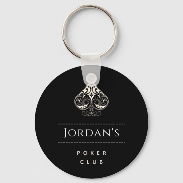 Elegant Spade Symbol Mens Poker Club Casino & Name Keychain (Front)