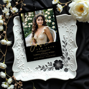 Elegant Spanish Black Trendy Quinceañera Photo Save The Date