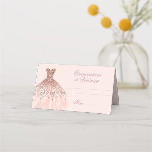 Elegant Spanish Quinceañera Mis Quince Pink Rose Place Card