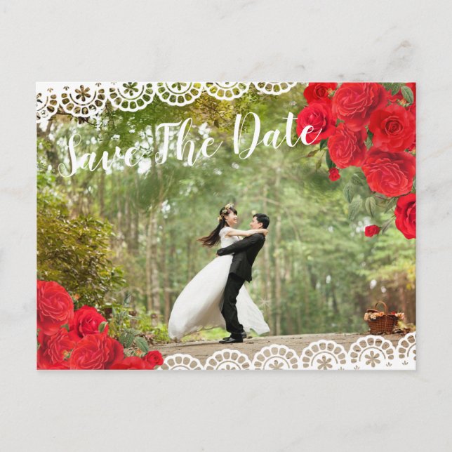 Elegant Spanish Rose & Lace Save The Date red/blk Announcement Postcard (Front)