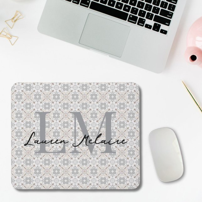 Elegant Spanish Tile Monogram Script Name  Mouse Pad (mousepad with elegant spanish tile design and custom monogram and script name personalization)