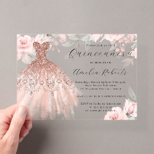 Elegant Sparkle Dress Rose Gold Quinceanera Acrylic Invitations