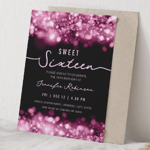 Elegant Sparkle Lights Sweet Sixteen Hot Pink  Invitation