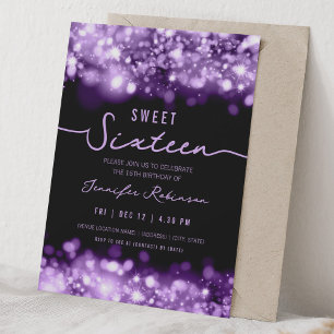 Elegant Sparkle Lights Sweet Sixteen Purple Invitation