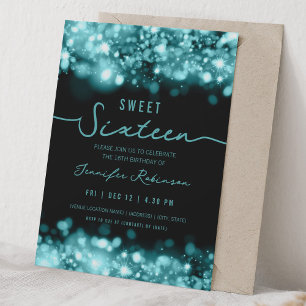 Elegant Sparkle Lights Sweet Sixteen Turquoise  Invitation