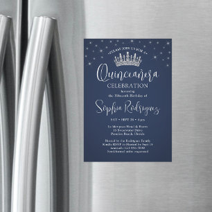 Elegant Sparkles Quinceañera Crown Navy Blue Magnetic Invitation