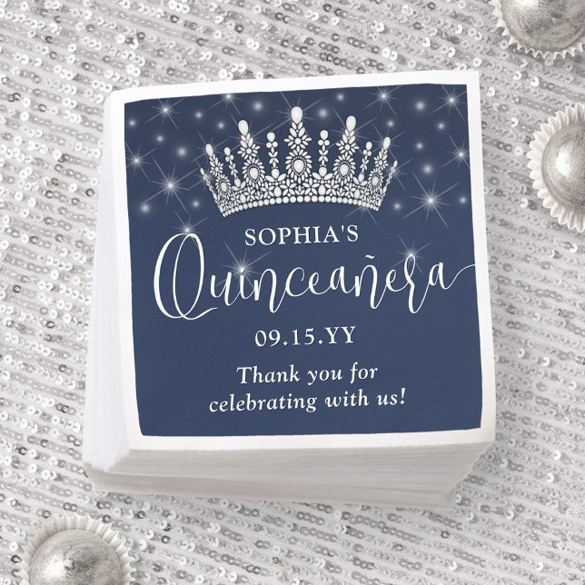 Elegant Sparkles Quinceañera Crown Navy Blue Napkin (Creator Uploaded)