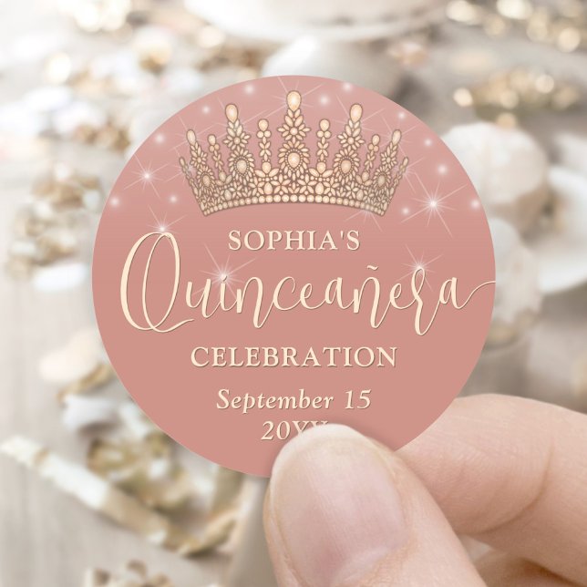 Elegant Sparkles Rose Gold Quinceañera Crown Pink Classic Round Sticker (Creator Uploaded)