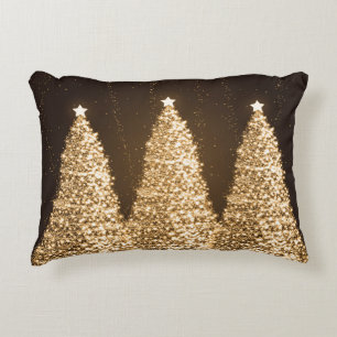 Elegant Sparkling Christmas Trees Gold Brown Decorative Pillow
