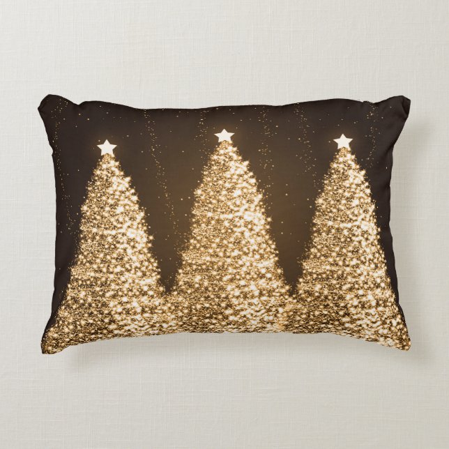 Elegant Sparkling Christmas Trees Gold Brown Decorative Pillow (Front)