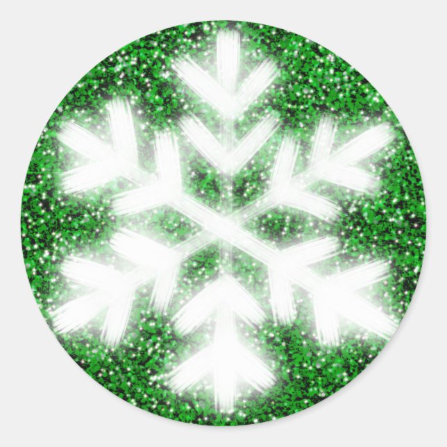 Elegant sparkling glitter green frosty snowflake classic round sticker (Front)