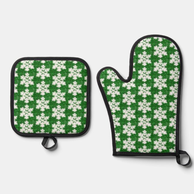 Elegant sparkling glitter green frosty snowflake oven mitt & pot holder set (Front)