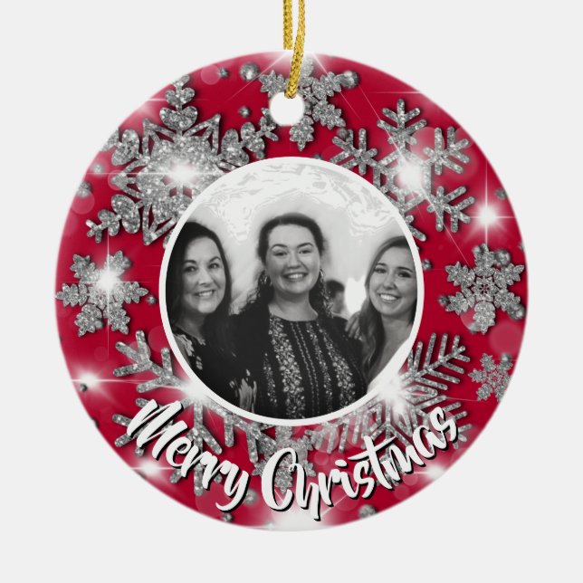 Elegant sparkling glitter snowflake personalize ceramic ornament (Front)