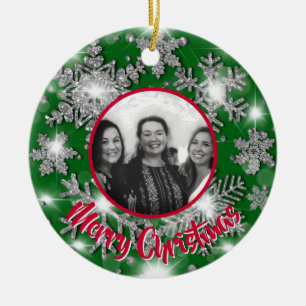 Elegant sparkling glitter snowflake photo template ceramic ornament