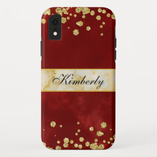 Elegant Sparkling Gold and Burgundy Monogrammed iPhone XR Case