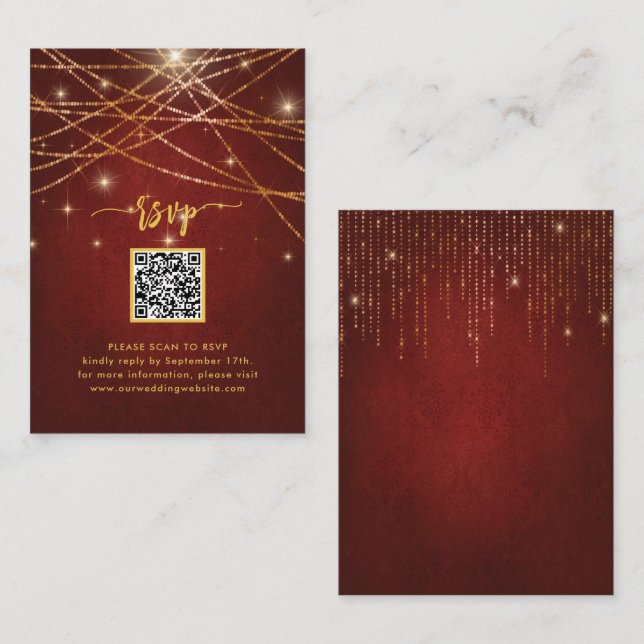Elegant Sparkling Gold String Lights QR Code RSVP Enclosure Card (Front/Back)