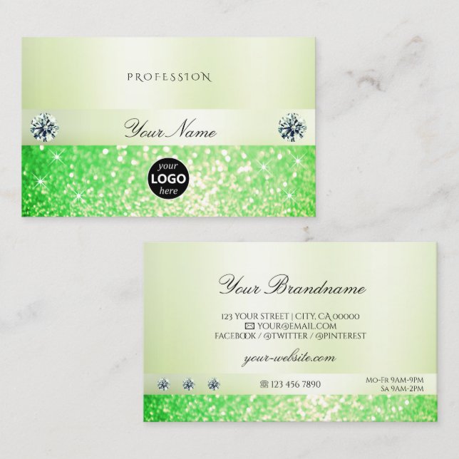 Elegant Sparkling Grass Green Glitter with Logo Business Card (Front/Back)