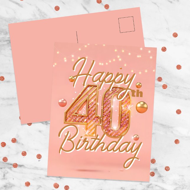 Elegant Sparkling Soft Pink & Gold 40th Birthday Postcard (Creator Uploaded)