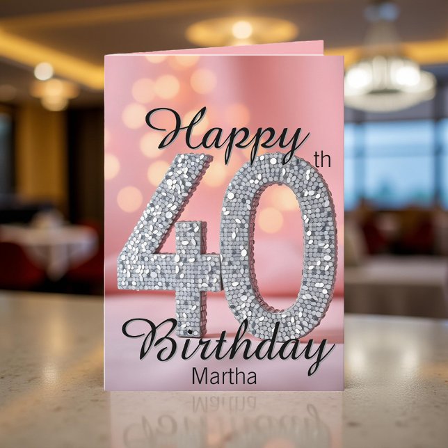 Elegant Sparkling Soft Pink & Silver 40th Birthday Card (Creator Uploaded)