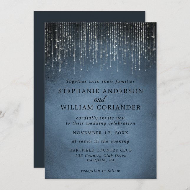 Elegant Sparkling String Lights Navy Blue Wedding Invitation (Front/Back)