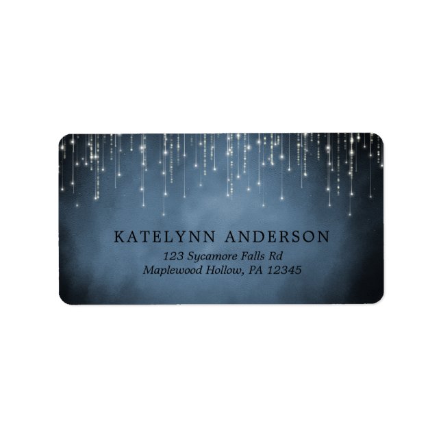 Elegant Sparkling String Lights Navy Blue Wedding Label (Front)