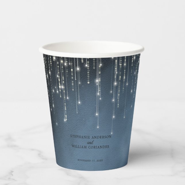 Elegant Sparkling String Lights Navy Blue Wedding Paper Cups (Front)