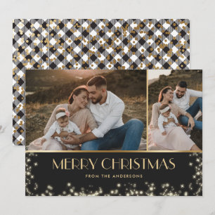 Elegant Sparkly Black Gold Plaid Photo Christmas Holiday Card