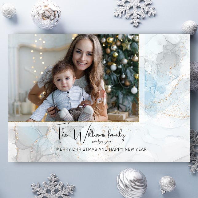 Elegant Sparkly Blue & Gold Alcohol Ink Photo Tri-Fold Holiday Card (Creator Uploaded)