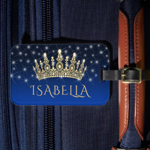 Elegant Sparkly Crown & Stars Royal Blue & Gold Luggage Tag