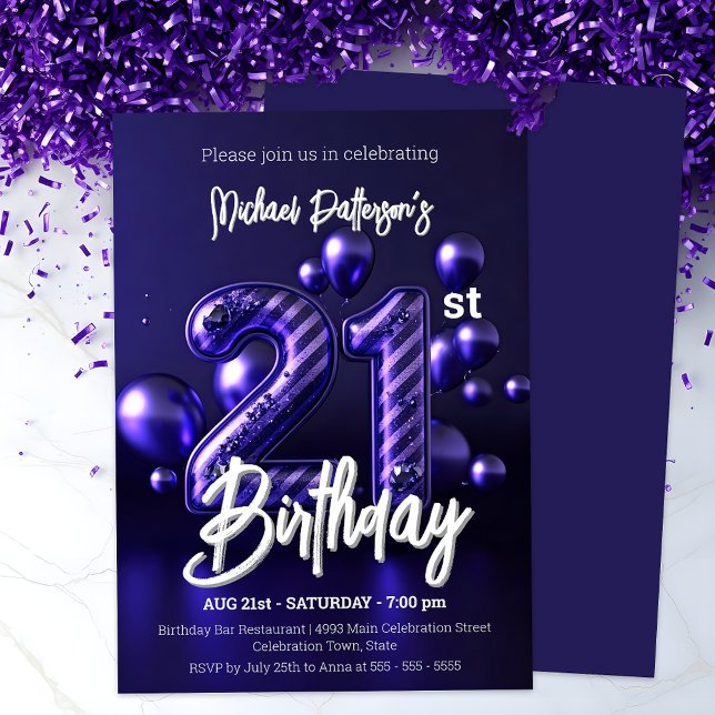 Elegant Sparkly Purple and Silver 21st Birthday Invitation (Creator Uploaded)