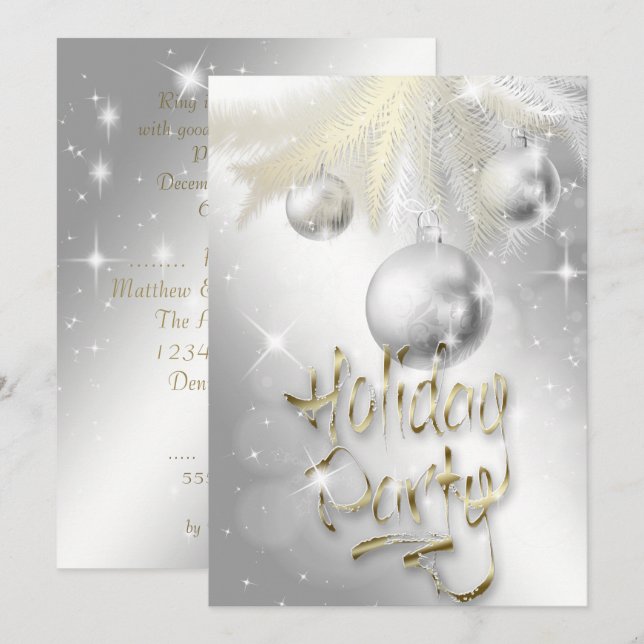 Elegant Sparkly Silver and Gold Holiday Party Invitation (Front/Back)