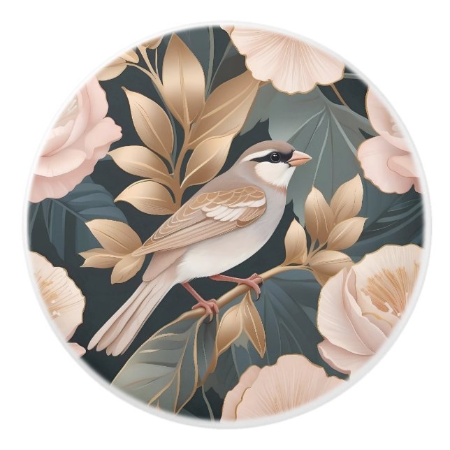 Elegant Sparrow Dusty Pink and Gold Floral Ceramic Knob (Front)