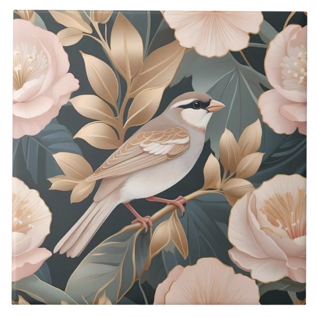 Elegant Sparrow Dusty Pink and Gold Floral Tile (Front)