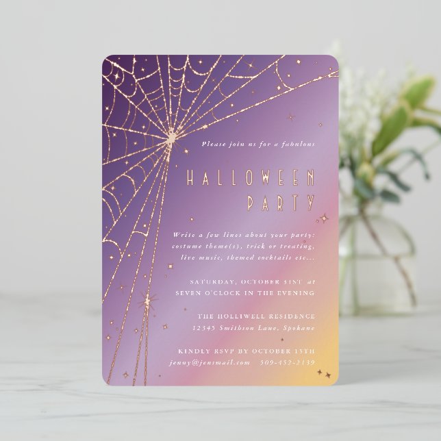 Elegant Spider Web Halloween Party Foil Invitation (Standing Front)