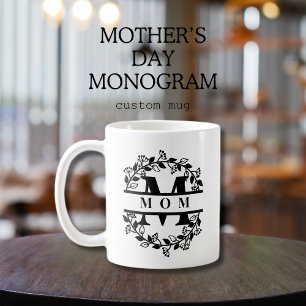 Elegant Split Floral Split Monogram with Text: MOM Coffee Mug
