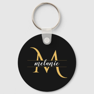 Elegant Split Monogram Gold Black Custom Name Keychain
